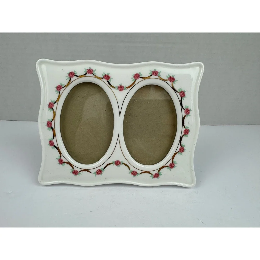 Vintage Ceramic Double Picture Frame Pink Rosebud Floral Scalloped Oval 5x7